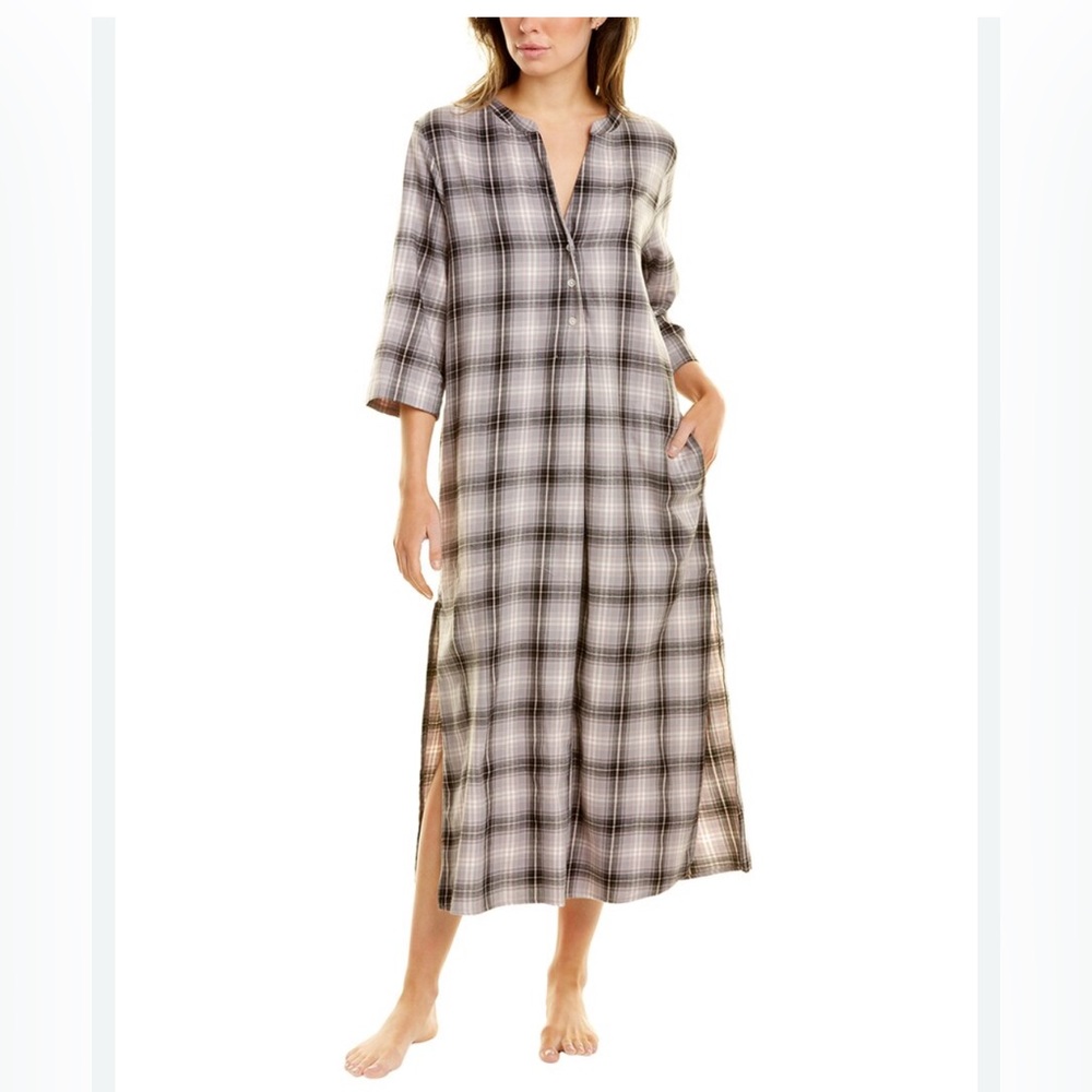 DONNA KARAN SLEEP Plaid Woven Maxi‎ Sleep Shirt In Chalk Plaid